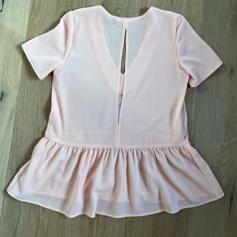 Caramela Pink Peplum Blouse with Sleeves V Neck Open Back Preppy